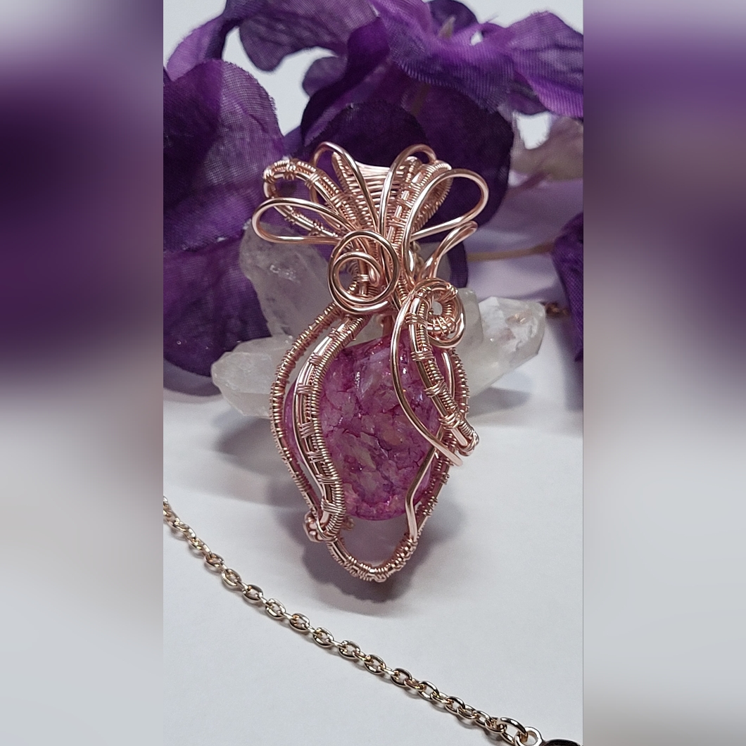 Unique Crackle Quartz,Wrapped With Rose Gold Plated Copperwire, Pendant-Necklace